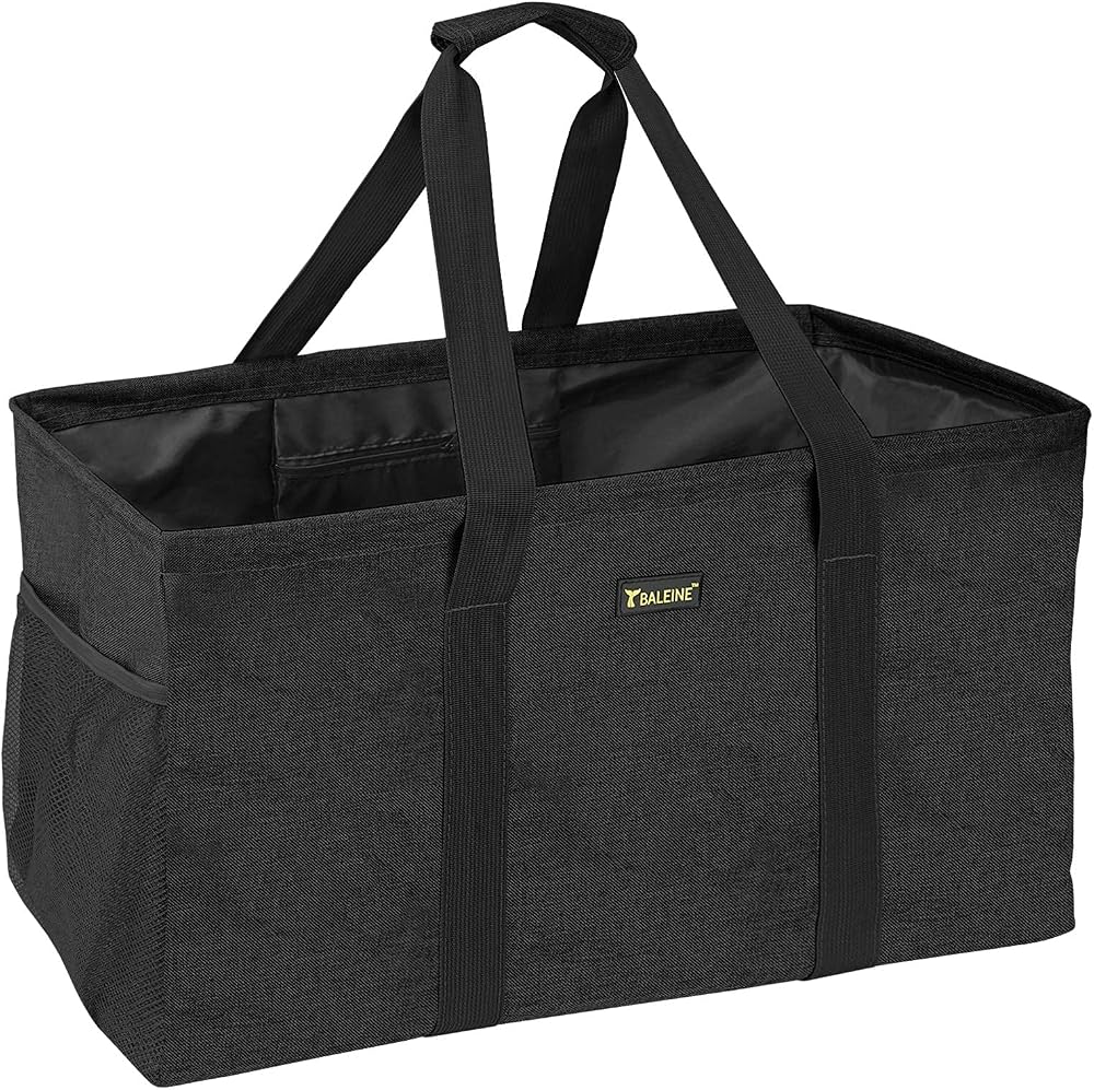 BALEINE Extra Large Utility Tote Bag with Reinforced Wire Frame, Reusable Grocery Bag for Shopping, Picnic (Black, 22''x12''x10'')