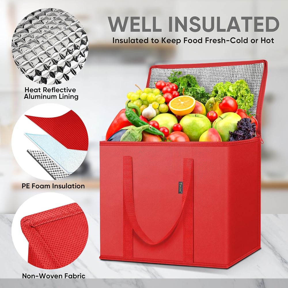BALEINE 2Pk Insulated Reusable Grocery Bags, Collapsible Cooler Bag for Groceries, Heavy Duty Large Insulated Bag (16''x9''x13'', Bright Red)