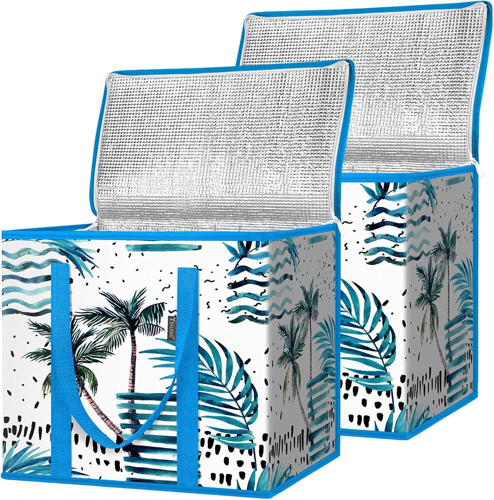 BALEINE 2Pk Insulated Reusable Grocery Bags, Collapsible Cooler Bag for Groceries, Heavy Duty Large Insulated Bag (16''x9''x13'', Island Breeze)