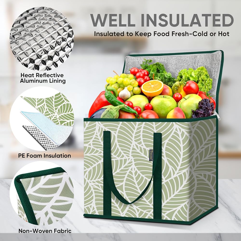 BALEINE 2Pk Insulated Reusable Grocery Bags, Collapsible Cooler Bag for Groceries, Heavy Duty Large Insulated Bag (16''x9''x13'', Antique Foliage)