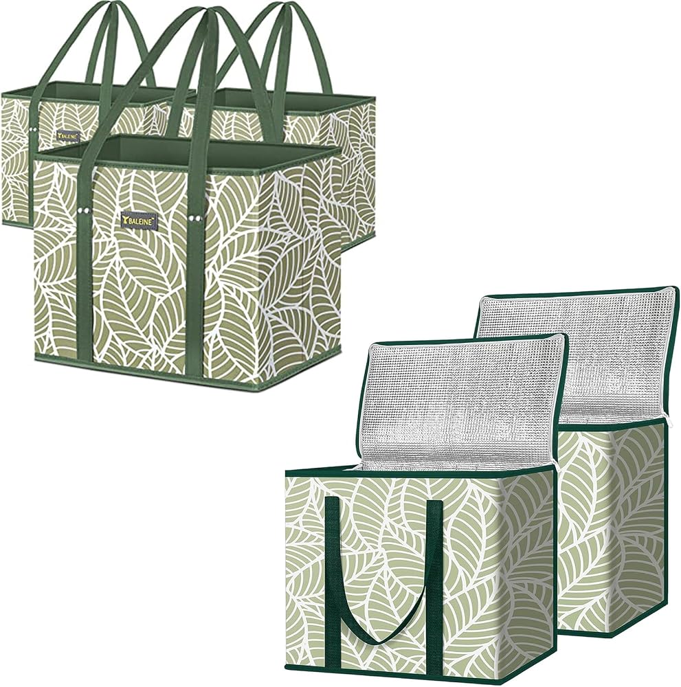 BALEINE 3Pk Reusable Grocery Bags + 2Pk Insulated Reusable Grocery Bags(16"×9“×13”