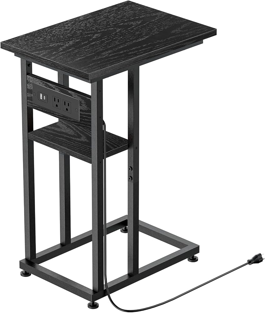 BALEINE Side Table with Charging Station, C-Shape End Table with Dual USB-C Ports and Outlets, Couch Table, Bedside Table for Small Spaces, Living Room, Bedroom (Black)