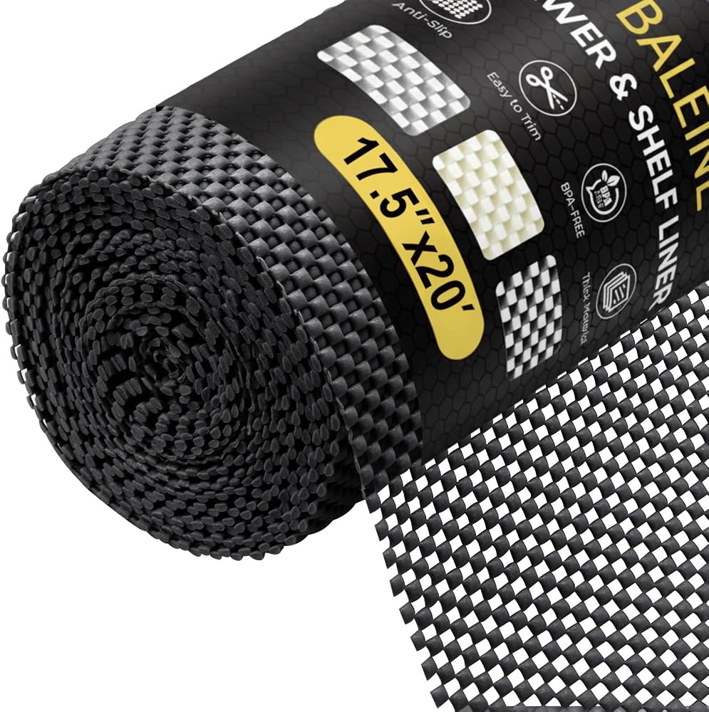 BALEINE Cabinet Liner, 17.5 in x 20 Ft Drawer and Shelf Liner for Kitchen Cabinets Non-Adhesive, Non-Slip Protect Desks, Cupboard, Drawers, Shelves, Tableware (Black)