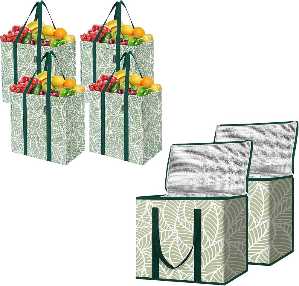 BALEINE 2Pk Insulated Reusable Grocery Bags + 4 Pack Grocery Bags with Reinforced Bottom