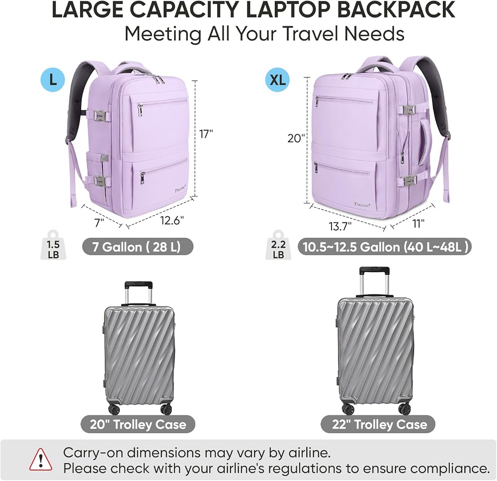 BALEINE Travel Backpack for Women Men, Large Sturdy Carry On Laptop Backpack Gifts for Business, Casual, Weekender, Hiking (XL, Lavender)