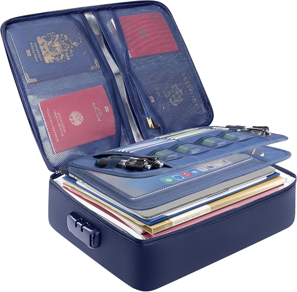 BALEINE Fireproof Document Box with Lock, Portable Fireproof Document Bag Waterproof Fire Proof File Boxes for Documents, File Organizer Box for Important Paperwork (Blue, 15''x11''x4'')