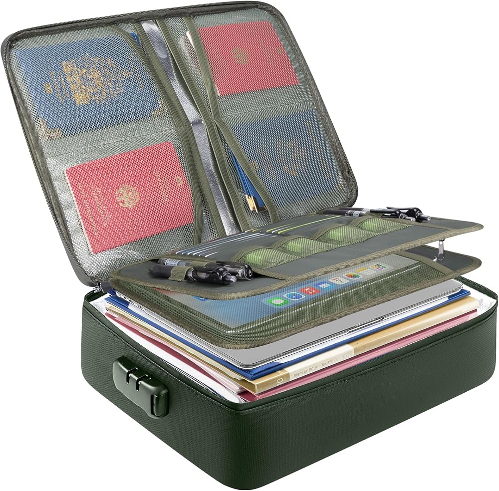 BALEINE Fireproof Document Box with Lock, Portable Fireproof Document Bag Waterproof Fire Proof File Boxes for Documents, File Organizer Box for Important Paperwork (Green, 15''x11''x4'')