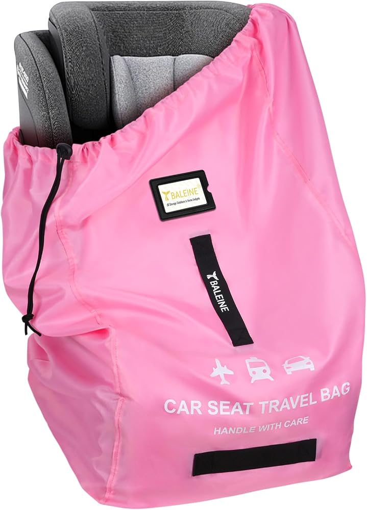 BALEINE Car Seat Travel Bag for Airplane, Water-Resistant Car Seat Bags for Air Travel, Foldable Cover with 3 Handles, Fits Toddler Carseat, Convertible and Booster Seats (Pink)