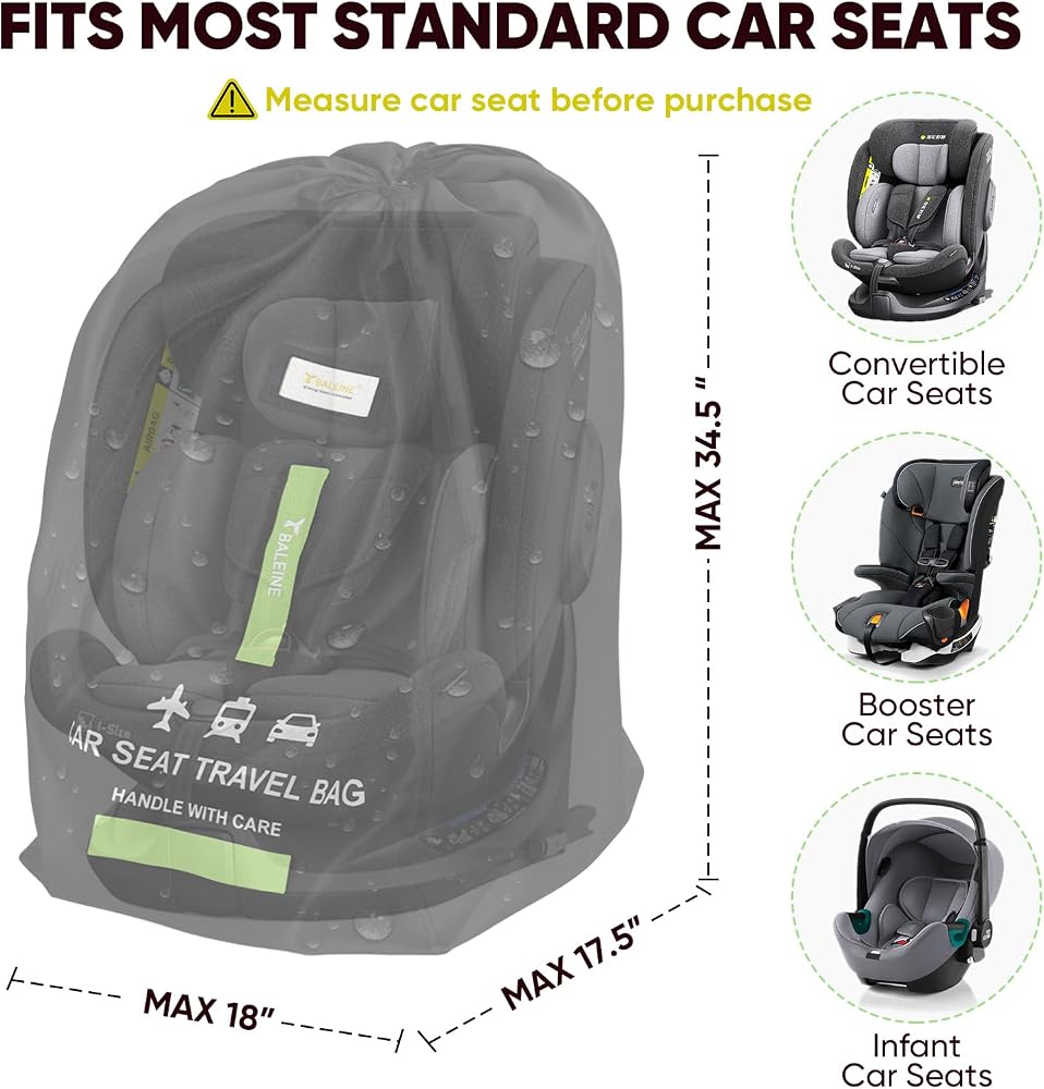BALEINE Car Seat Travel Bag for Airplane, Water-Resistant Car Seat Bags for Air Travel, Foldable Cover with 3 Handles, Fits Toddler Carseat, Convertible and Booster Seats (Black)