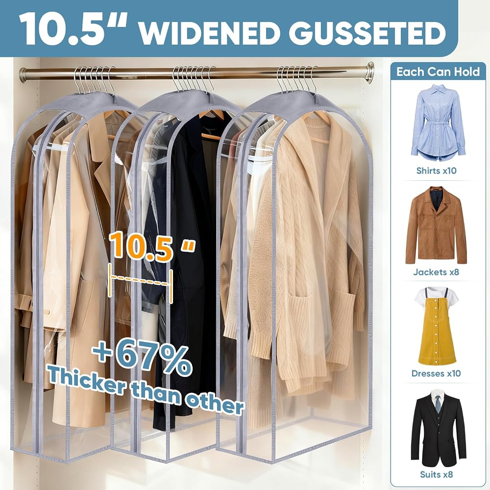 BALEINE 40'' Clear Garment Bags, 10.5'' Wide PEVA Suit Bag for Closet Clothes Dresses Suit Coats Storage (Clear, 6PK)