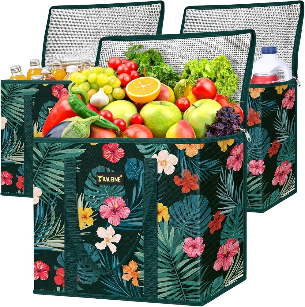 BALEINE 3Pk Insulated Reusable Grocery Bags, Foldable Shopping Bags for Groceries with Reinforced Bottom & Handles (Blossom Season)