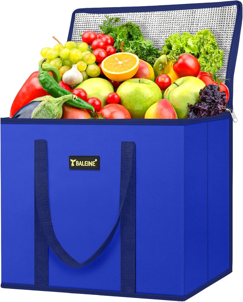 BALEINE 1Pk Insulated Reusable Grocery Bags, Foldable Shopping Bags for Groceries with Reinforced Bottom & Handles (Blue)