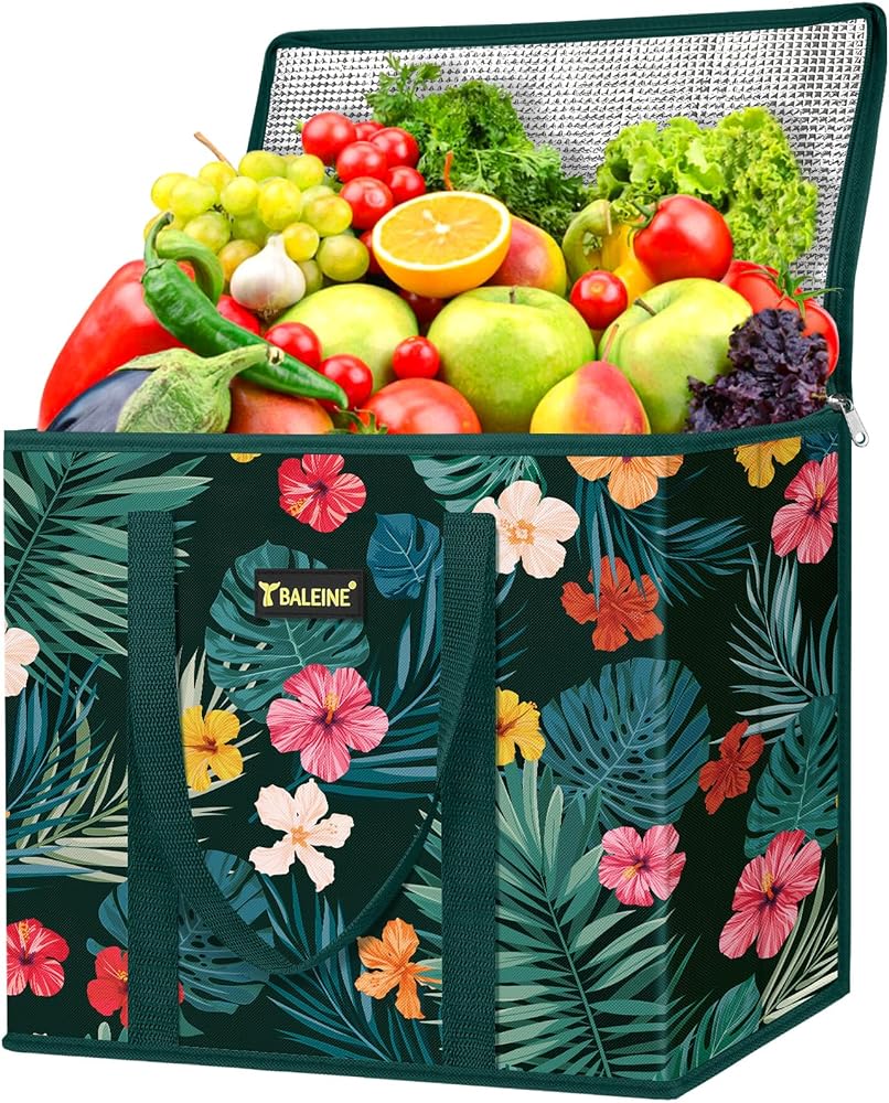 BALEINE 1Pk Insulated Reusable Grocery Bags, Foldable Shopping Bags for Groceries with Reinforced Bottom & Handles (Blossom Season)