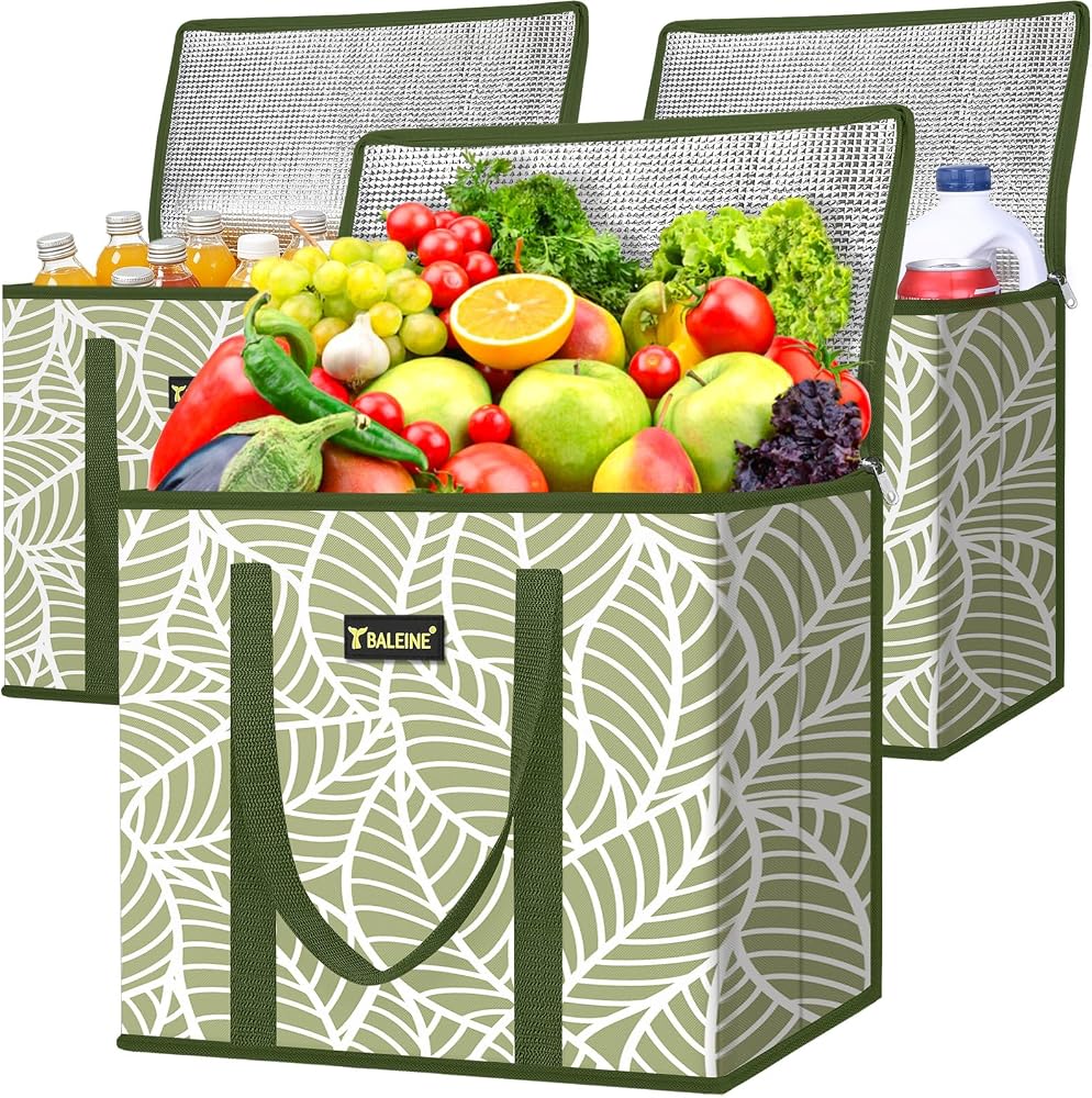 BALEINE 3Pk Insulated Reusable Grocery Bags, Foldable Shopping Bags for Groceries with Reinforced Bottom & Handles (Antique Foliage)